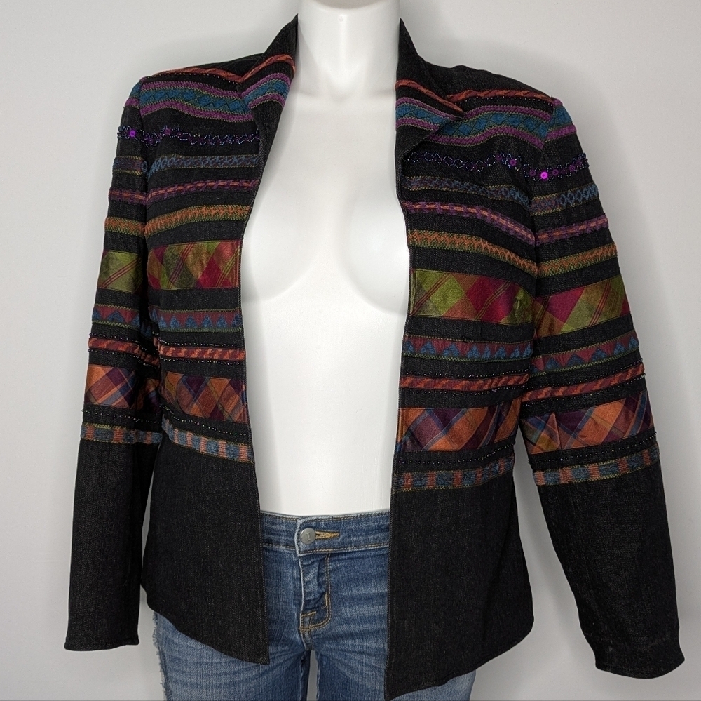 Colwater Creek Black Purple Colorful Beaded Open Jacket 14 - Picture 1 of 9